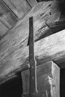 Interior.
Detail of strap for pendant post on truss 1.