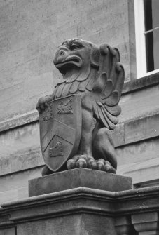 Detail of statue (of an heraldic beast holding the Moray coat of arms) on main entrance terraces.