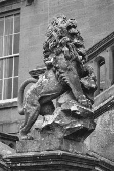 Detail statue (of a lion atop a rock) on main entrance terraces.