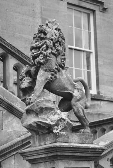 Detail of statue statue (of a lion atop a rock) on main entrance terraces.