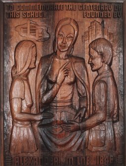 Interior.
Detail of centenary commemorative carved wood panel.