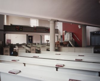 Interior. Ground floor showing gallery, pews and pulpit