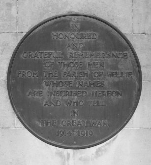 Monument, plaque (in memory of named men from Bellie who died in the First World War), detail