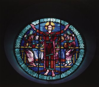 Interior. N stained glass rosewidow  " MY PEACE I GIVE UNTO YOU" by Charles Florence 1956 .