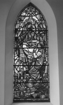 Interior. S wall W stained glass window by Charles Florence of The First Communion