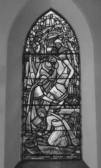 Interior. E wall Centre N stained glass window by Charles Florence of The Descent from the Cross