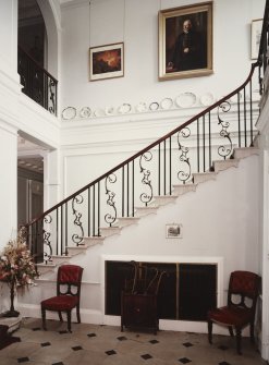 Interior. View of stair hall from E showing lower hall and stair