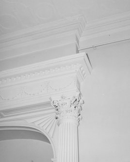 Ground floor, dining room, East wall, buffet niche, Corinthian capital and cornice, detail