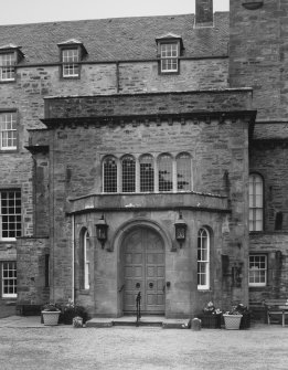 View of main doorway and entrance porch from south