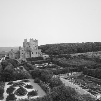 Castle with walled garden in foreground, view from roof of corner tower