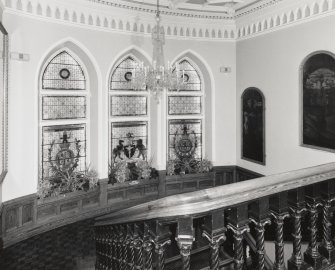 Inverness Town House, interior.  Stair-case: view of stained glass window on the landing from North East