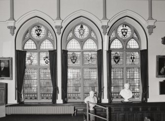 Inverness Town House, interior.  First floor: detail of stained glass window at the West end of the North wall of the main hall