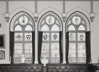 Inverness Town House, interior.  First floor: detail of stained glass window at the East end of the North wall of the main hall