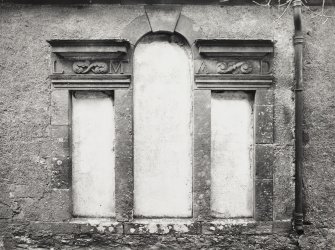 Detail of blocked window with dated keystone in side of MacIntosh Mausoleum