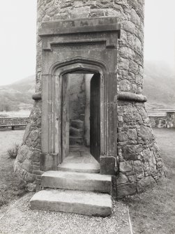 Glenfinnan Monument.  View of entrance doorway to monument from West.