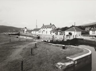 Corpcah Sea Locks; entrance locks viewed from east, also showing lighthouse and lock-keeper's houses.