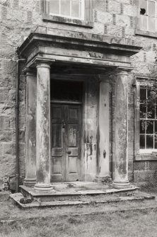 View of entrance porch on south elevation, from south