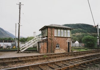 Fort William, Inverlochy, Signal Box
View from N across tracks of signal box.  The tracks in the foreground lead to Mallaig, and those behind the signal box to Glasgow