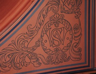 Kinlochmoidart House. Second floor, staircase hall, north east archway, detail of stencilled initials - 'MS'