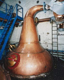 Interior. Still House, detailed view of disused riveted copper pot still, situated at the end of the still house beyond the Wash and Low Wines stills