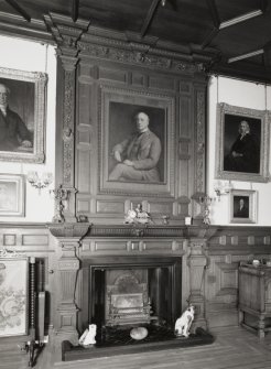 First floor, dining room, fireplace, chimney-piece, portraits and panelling, detail