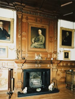 First floor, dining room, fireplace, chimney-piece, portraits and panelling, detail