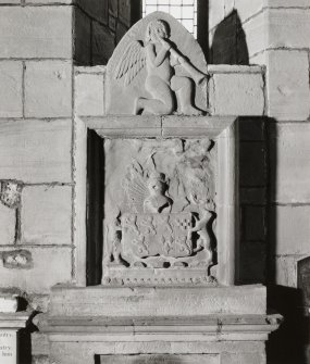 Fearn Abbey, interior.  Detail of Coat of arms on monument on East wall.
