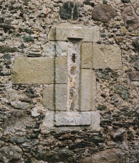 Detail of blocked slit window in south face of barn