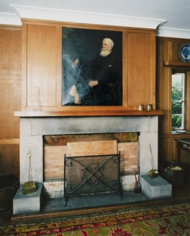 Interior. Lounge hall, detail of fireplace with portrait of Osgood Mackenzie inset above