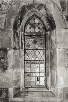 Stromeferry, Church of Scotland, interior.
General view of lancet window on East wall.