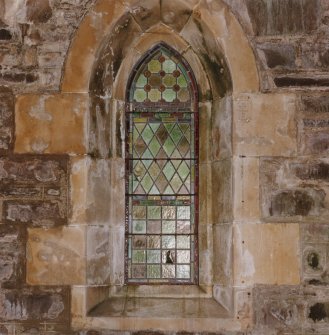 Stromeferry, Church of Scotland, interior.
General view of lancet window on East wall.