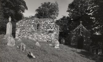 View of ruined West gable wall and burial aisle of St. Maol-Luag's Chapel, Raasay.
