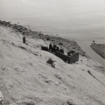 General view looking down onto site of Invertote Diatomite Works from SW, showing processing building (right) and kiln (left)