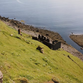 General view looking down onto site of Invertote Diatomite Works from SW, showing processing building (right) and kiln (left)