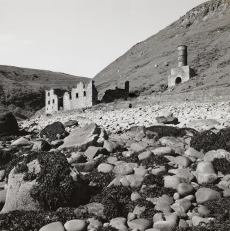 View from NE (from the shore) of remains of diatomite processing building (left), with the kiln (right)