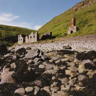 View from NE (from the shore) of remains of diatomite processing building (left), with the kiln (right)