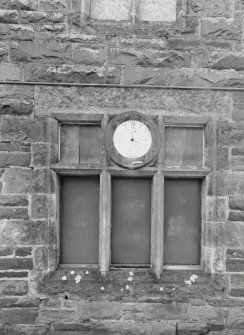 Detail of window and clock in W gable of station building