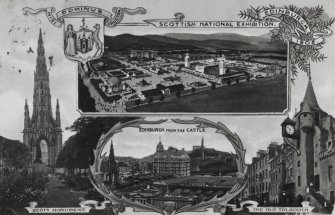 Photographic copy of a postcard.
General views of Edinburgh and the Edinburgh coat of arms.
Insc: 'Scottish National Exhibition. Edinburgh 1908', 'Scott Monument', 'The Old Tolbooth', 'Edinburgh from the Castle'.