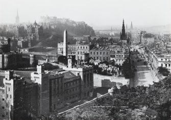 View of Princes Street, Edinburgh to SW from Calton Hill with Calton Jail in foreground.
Titled: 'Edinburgh from Calton Hill, J.Patrick'.