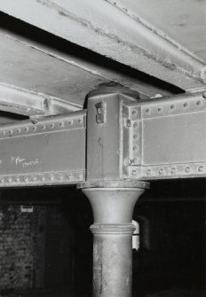 Warehouse No. 3, interior.
Detail of round cast iron column on level 8 in Southern half of building, supporting cast iron roof tank.