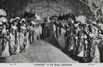 Photographic copy of a postcard.
Interior. View of the cast of 'Cinderella'.
Titled: '"Cinderella" at the Royal, Edinburgh'.