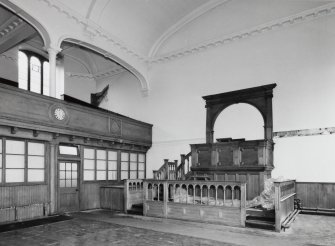 Interior, first floor view from South West of church showing East gallery and pulpit