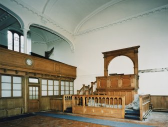 Interior, first floor view from South West of church showing gallery East and pulpit