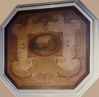 Photographic view of East wall: decorative Watteauesque panel with cartouche containing view of Milton House C19th?  By D R Hay or Thomas Bonnard?