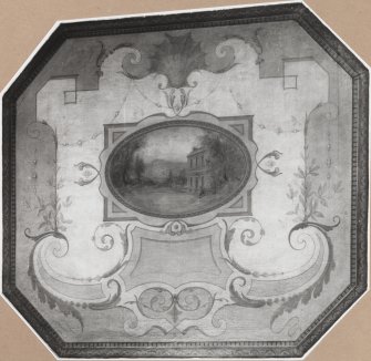 Photographic view of East wall decorative Watteauesque panel with cartouche containing view of Milton House C19th?  By D R Hay or Thomas Bonnard?