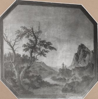 Photographic view of wall painting at Milton House.  Landscape with river.