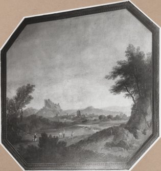 Photographic view of landscape with distant view of town, wallpainting on plaster.  Removed from original Milton House drawing room.