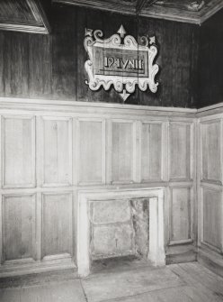 Interior.  Palace Block. Queen Mary's Room. Detail of date '19:IVNII',above fireplace.