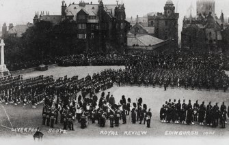 Edinburgh Castle, Esplanade
View from west (postcard).
Insc: 'Liverpool Scots', 'Royal Review', 'Edinburgh, 1905'.
NMRS Survey of Private Collections.