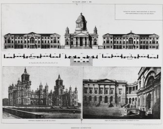 Photographic copy of print comprising of 3 drawings including;
1. West elevation of Charlotte Square by R. Adam
2. General view of Stewarts College by David Rhind
3. General view of Edinburgh University by R. Adam
From "The Builder".
